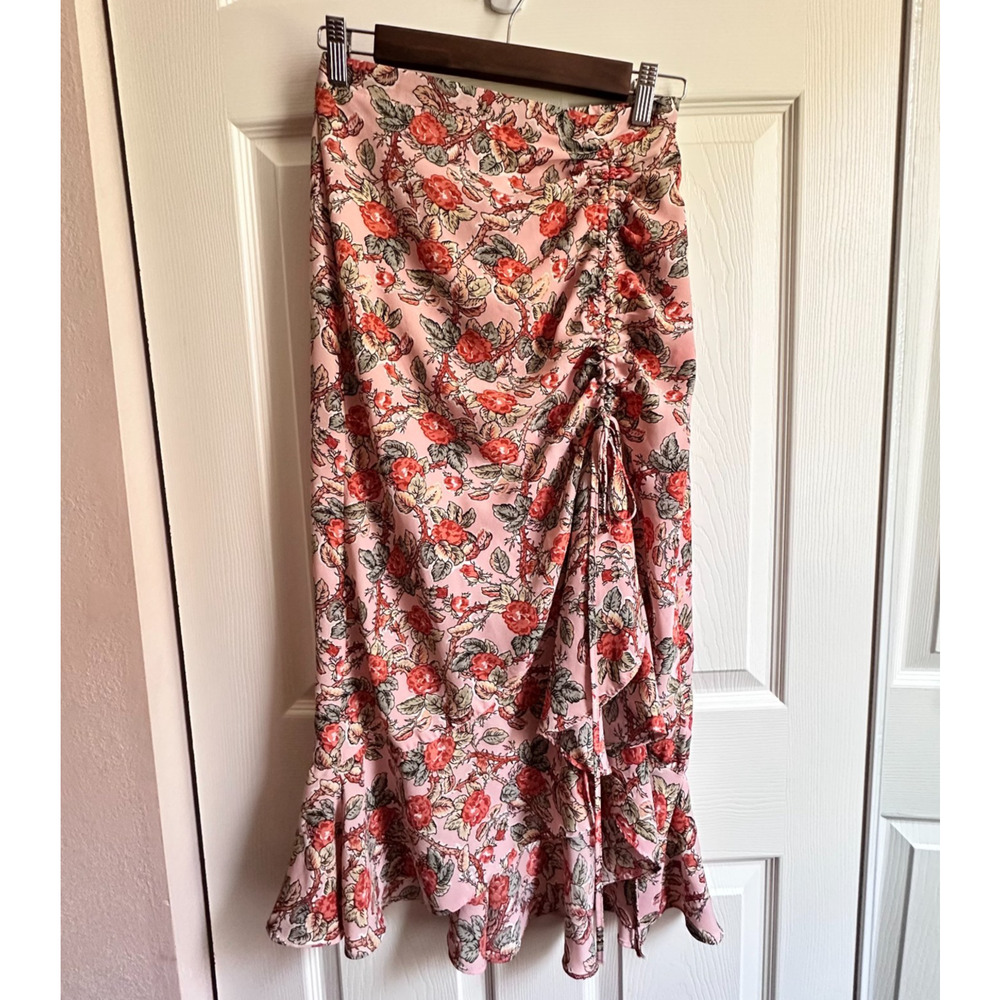 Max Studio Womens XS Pink Floral Ruffle Side Cinch Midi Skirt Feminine Romantic